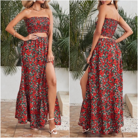 Boho Red Floral Print Crop Top Maxi Skirt Set Cottagecore - Picture 2 of 3